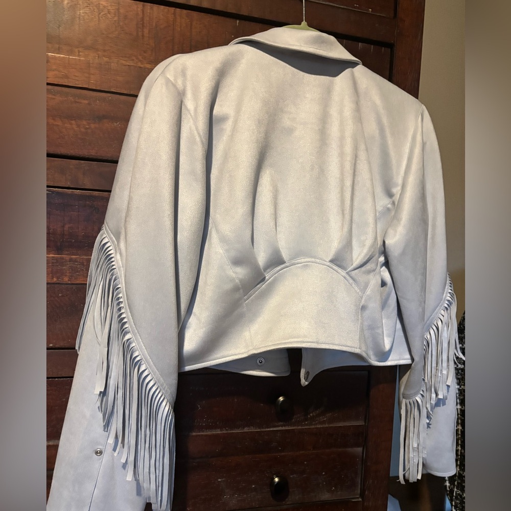 Pilcro Faux Suede Fringe Moto Jacket Wedgewood Blue Sz M - very Lt Blue NWT - Picture 14 of 15